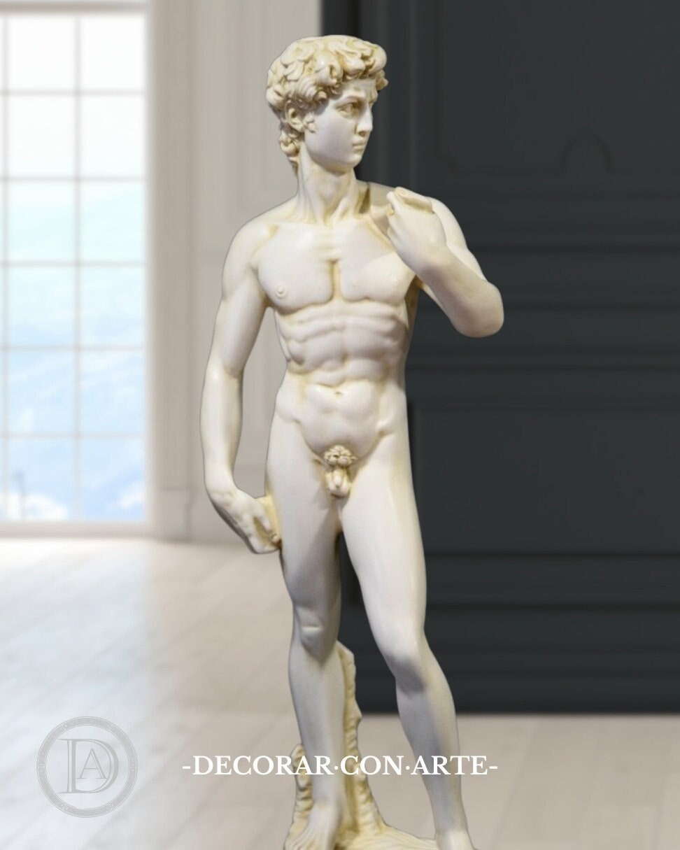 Figure of David by Michelangelo. 24.4in. (62cm) Renaissance reproductions in moulded marble. Handmade in Europe.