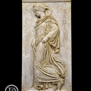 Relief of Gradiva. 72 x 34 cm (28.35x13.39 in.) Reproduction in molded marble. Handmade in Europe. Interior and garden decoration