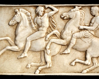 Horseback Riders. 16.5 x 10.6 in (42 x 27 cm). Parthenon Relief. Reproduction in molded marble. Handmade in Spain.