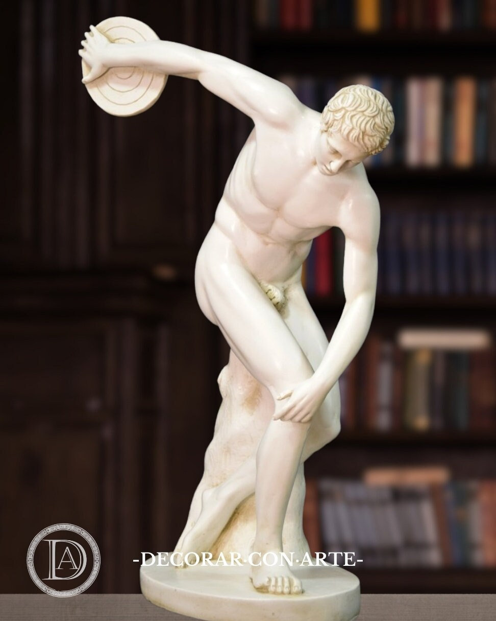 Handmade Discobolus Statue: Molded Marble Ancient Greek Art (26.4 in)