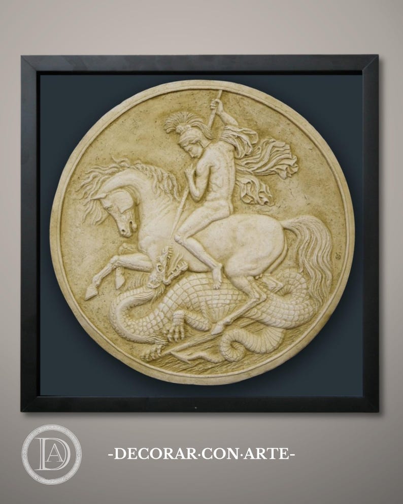 Saint George and the Dragon Relief: Molded Marble Reproduction in Frame. 67 cm (26.38 in.). immagine 1