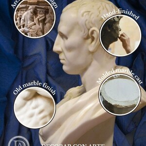 May include: A white marble bust of a man in profile, showcasing detailed facial features and shoulders. The image includes close-ups of the marble finish, a hand-finished element, and a molded marble cast. The text "DECORAR CON ARTE" is at the bottom.