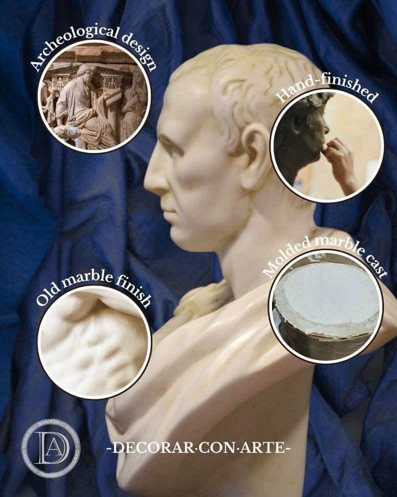May include: A white marble bust of a man in profile, showcasing detailed facial features and shoulders. The image includes close-ups of the marble finish, a hand-finished element, and a molded marble cast. The text "DECORAR CON ARTE" is at the bottom.