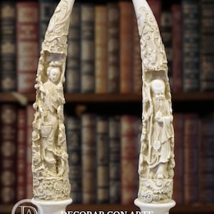 Reproduction of a pair of tusks, Chinese carving. 52cm (20.47in). Molded marble. Handmade in Europe.