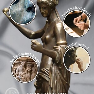 May include: A bronze sculpture of a woman with a hand-finished patina. The sculpture is inspired by archaeological designs and features handcrafted details. The image also shows close-ups of the bronze patina, the handcrafted details, and the hand-finished process.