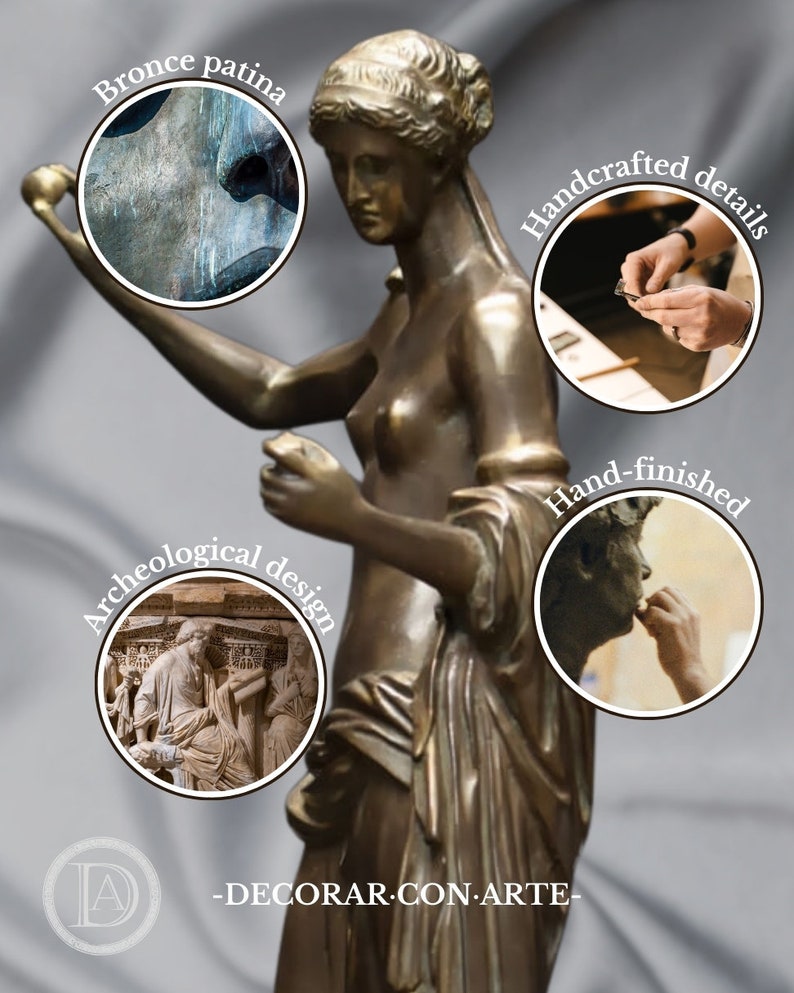 May include: A bronze sculpture of a woman with a hand-finished patina. The sculpture is inspired by archaeological designs and features handcrafted details. The image also shows close-ups of the bronze patina, the handcrafted details, and the hand-finished process.