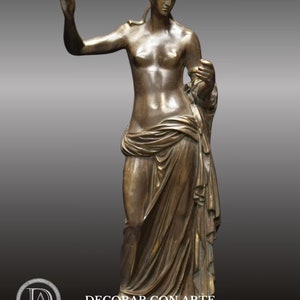 May include: Bronze sculpture of a woman standing with a draped garment and holding an apple in her right hand.