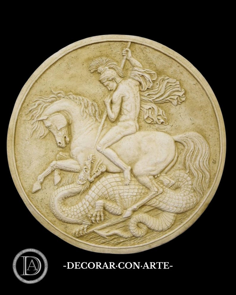 Saint George and the Dragon Relief: Molded Marble Reproduction in Frame. 67 cm (26.38 in.). immagine 3