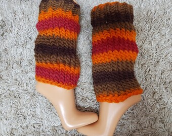 38+60cm dicke Merino Beinstulpen Overknees orange rot beige braun one size handgestrickt Stulpen gestrickte