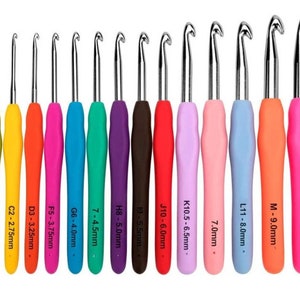 May include: A set of 12 colorful crochet hooks, ranging in size from 2.25 mm to 10.0 mm. Each hook has a different color and is labeled with its size in millimeters.