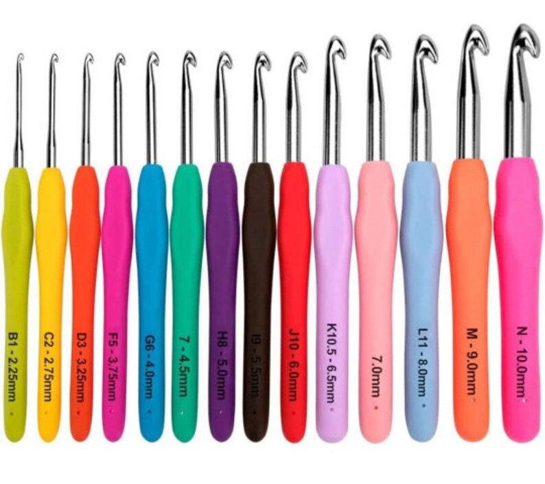 May include: A set of 12 colorful crochet hooks, ranging in size from 2.25 mm to 10.0 mm. Each hook has a different color and is labeled with its size in millimeters.
