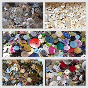 Könnte beinhalten: Eine Sammlung verschiedener Knöpfe in unterschiedlichen Farben, Formen und Größen. Die Knöpfe bestehen aus verschiedenen Materialien, darunter Muscheln und Kunststoff. Die Farbpalette umfasst Weiß, Braun, Rot, Rosa, Blau, Grün und Gelb.