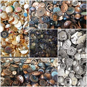 Könnte beinhalten: Eine Collage verschiedener Knöpfe in verschiedenen Farben und Stilen. Die Knöpfe bestehen aus Metall und Kunststoff und haben eine Vielzahl von Formen und Größen. Einige Knöpfe sind gold-, silber-, bronze- und schwarzfarben. Die Knöpfe haben zwei oder vier Löcher.