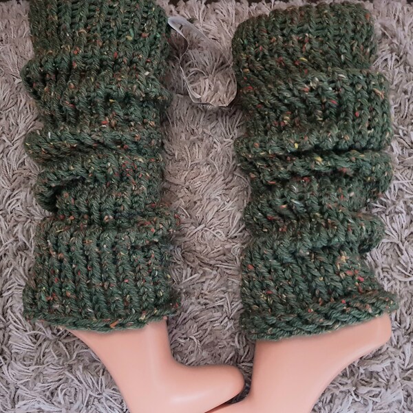 55cm grüne bunte tweed dicke Beinstulpen Overknees one size handgestrickt Stulpen gestrickt