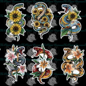 May include: A collection of six sticker designs featuring colorful snakes intertwined with flowers. The snakes are depicted in various colors, including blue, red, and gold, and are paired with sunflowers and lilies. The stickers have a white border.
