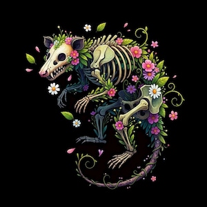 May include: A digital illustration of an opossum skeleton adorned with colorful flowers and green leaves against a black background. The opossum's skull and bones are detailed, with pink, purple, and white flowers.