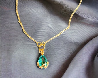 Minimalist water drop necklace, blue pendant necklace with flower detail, elegant necklace