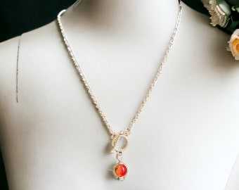 Silver buckle necklace, art deco necklace with berry red bead accent, everyday wear jewellery