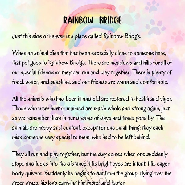 Rainbow Bridge Poem Digital Print - Pet Loss Memorial Print - Sympathy Gift for Bereaved Pet Owners - Instant Download - Love & Remembrance
