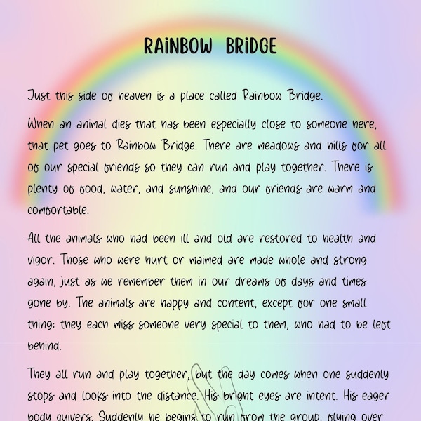 Rainbow Bridge Poem Digital Print - Pet Loss Memorial Print - Sympathy Gift for Bereaved Pet Owners - Instant Download - Love & Remembrance