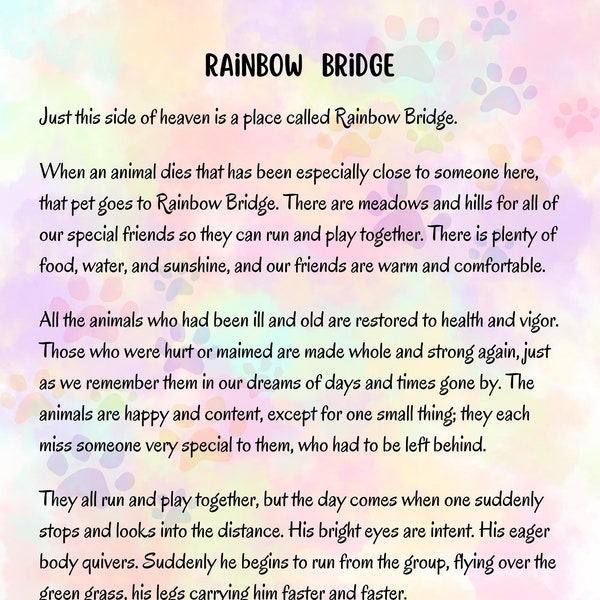 Rainbow Bridge Poem Digital Print - Pet Loss Memorial Print - Sympathy Gift for Bereaved Pet Owners - Instant Download - Love & Remembrance