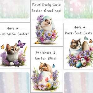 May include: A collection of nine digital printable greeting cards featuring adorable kittens with Easter-themed designs. The cards feature various phrases like "Feline Charm & Easter Warmth!" and "Purr-fect Easter Wishes to You!"