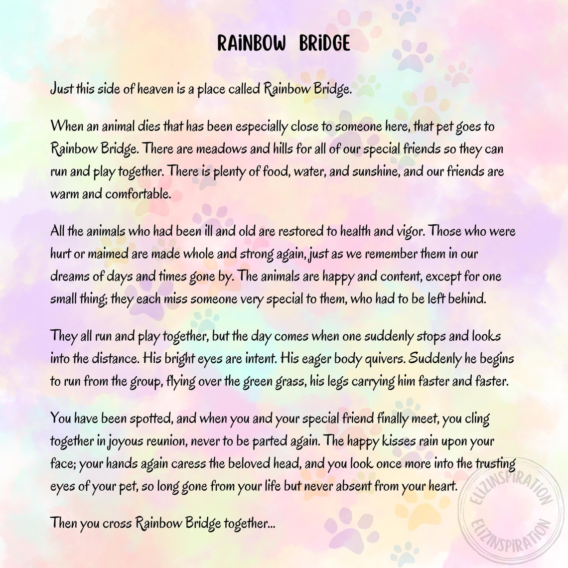 Rainbow Bridge Poem Digital Print - Pet Loss Memorial Print - Sympathy ...