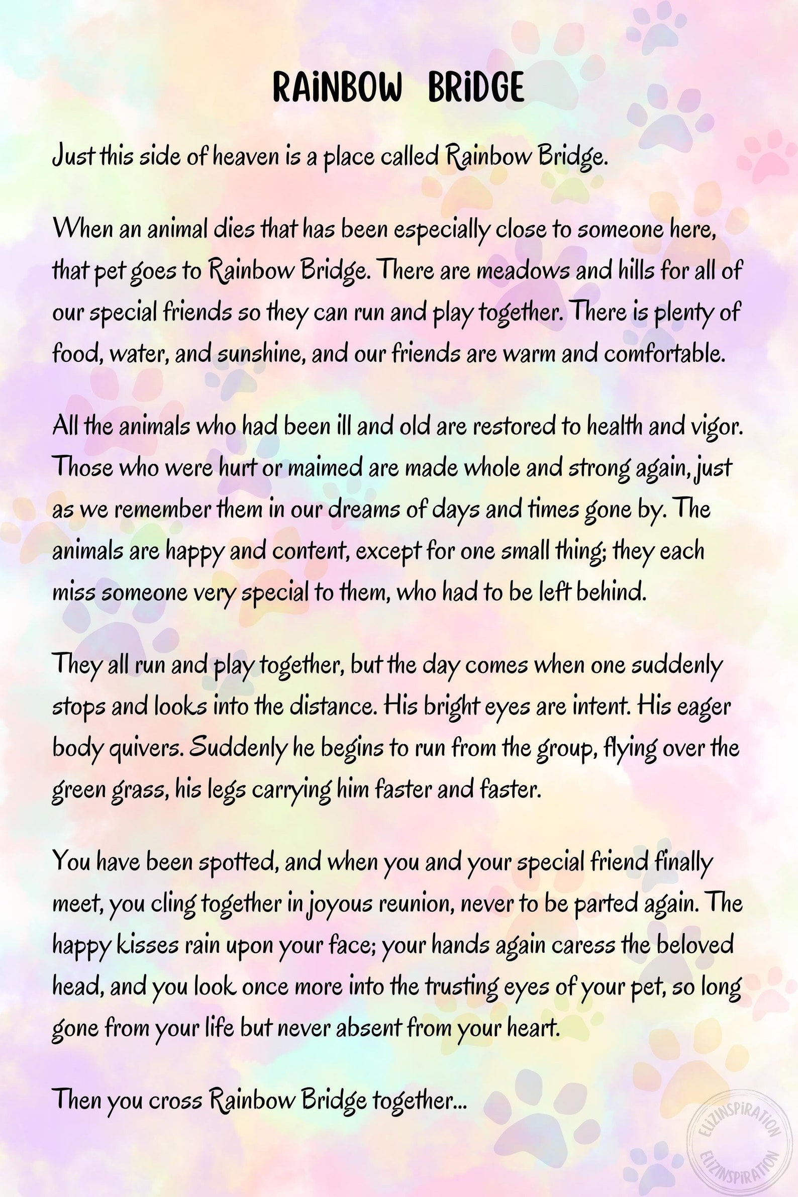 Rainbow Bridge Poem Digital Print - Pet Loss Memorial Print - Sympathy ...