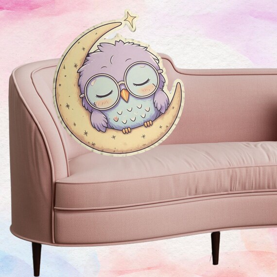 Sleepy Chibi Owl Plush Pillow Kawaii Owl Cushion With Moon and