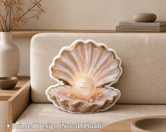 Oyster Shell Pillow with Pearl – Coastal Decor Cushion (Printed Design)