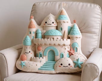 Sandcastle Shaped Pillow, Kids Beach Nursery Cushion, Coastal Playroom Decor Gift