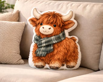 Highland Cow Pillow Soft Farm Animal Cushion Neutral Decor Cozy Room Accent Gift
