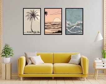 Conjunto de Impressões Artísticas com Tema Costeiro – Paisagem de Praia Boho (Download Digital)