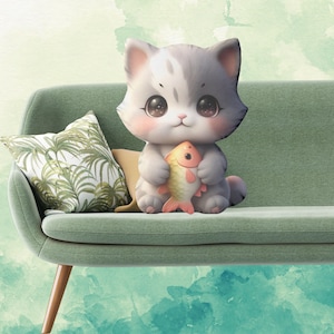 Cute Chibi Cat Pillow | Adorable Plush Pillow with Fish Toy | Soft Pastel Cat Shape Pillow for Cat Lovers | Nursery Decor | Gift Idea