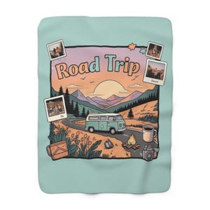 Road Trip Vibes Sherpa Blanket | Retro Van Travel Throw | Cozy Camper Gift | Boho Map Blanket | Wanderlust Decor | Adventure Throw