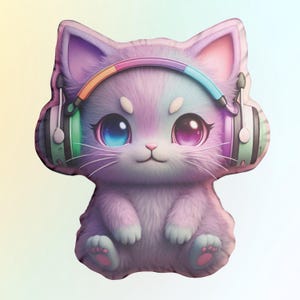 Chibi Cat Gamer Pillow – Kawaii Headphone Plush | Anime Cat Cushion | Cyberpunk Gaming Decor | Cute Gamer Girl Gift