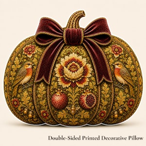 Vintage kussen met pompoenstrik, pompoenmotief uit Jacobeaanse wandtapijten, erfgoed herfstdecoratie, kussen voor Thanksgiving, cadeau in cottagecore stijl