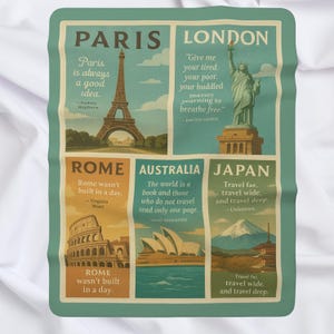 Coperta con cartolina di viaggio vintage / Luoghi di interesse mondiale con citazioni famose / Coperta in sherpa Wanderlust / Regalo per viaggiatori e globe trotter