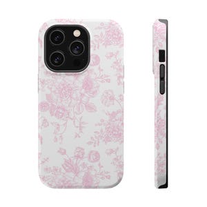 Pink Floral Phone Case Pink French Toile De Jouy MagSafe Tough Phone Case for iPhone 13 14 15 Pro Max Mini Plus