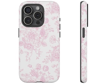 Pink Floral Phone Case Pink French Toile De Jouy Tough Phone Case for iPhone 16 15 14 13 12 11, Samsung Galaxy and Google Pixel