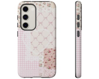 Coquette Cottagecore Coque de portable Vichy rose en dentelle courtepointe et patchworkCoque de portable robuste pour iPhone 17 16 15 14 13 12 11 Samsung Galaxy Pixel