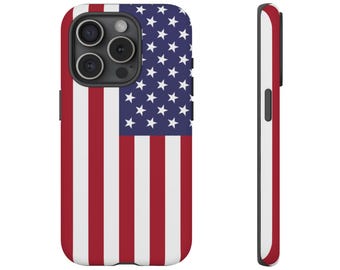Fundas resistentes con la bandera estadounidense para iPhone 17, 16, 15, 14, 13, 12, 11 y Samsung Galaxy S26.