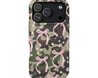Capa de celular camuflada com laço rosa e MagSafe para iPhone 13, 14, 15, 16, 17 Pro Max Mini Plus