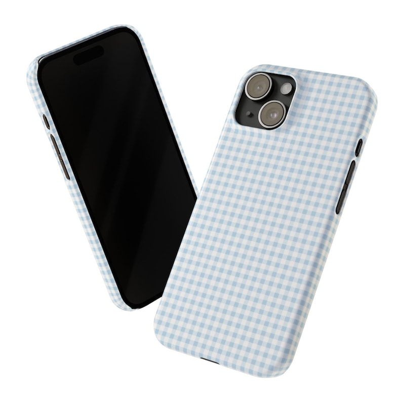 May include: A light blue and white gingham phone case for an iPhone with a camera lens cutout.