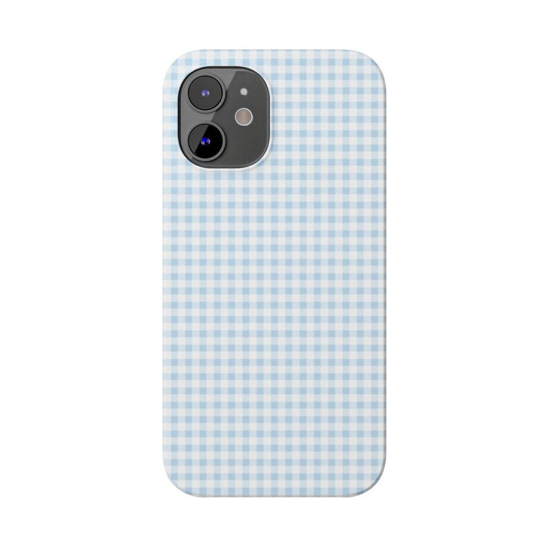 May include: A light blue and white gingham phone case for an iPhone.