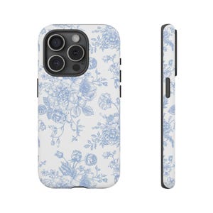 Blue Floral Phone Case Blue French Toile De Jouy Tough Phone Case for iPhone 16 15 14 13 12 11, Samsung Galaxy and Google Pixel