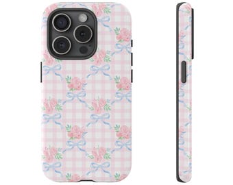 Pink Gingham Phone Case Aesthetic Cute Gingham Bow Floral Tough Phone Case for iPhone 17 16 15 14 13 12 11 Samsung Galaxy Google Pixel