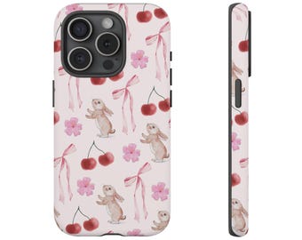 Sakura Cherry Bunny Phone Case, Cute Easter Bunny Tough Phone Case for iPhone 17 16 15 14 13 Max Plus Samsung Galaxy Google Pixel