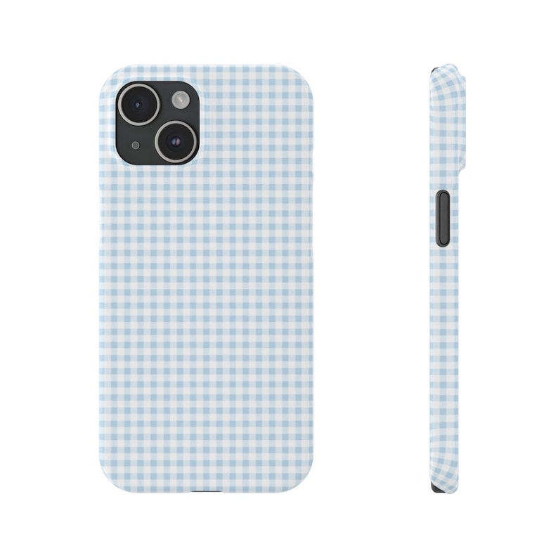 May include: A light blue and white gingham phone case for an iPhone.