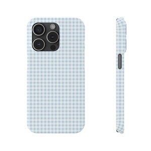 May include: A light blue and white gingham phone case for an iPhone.